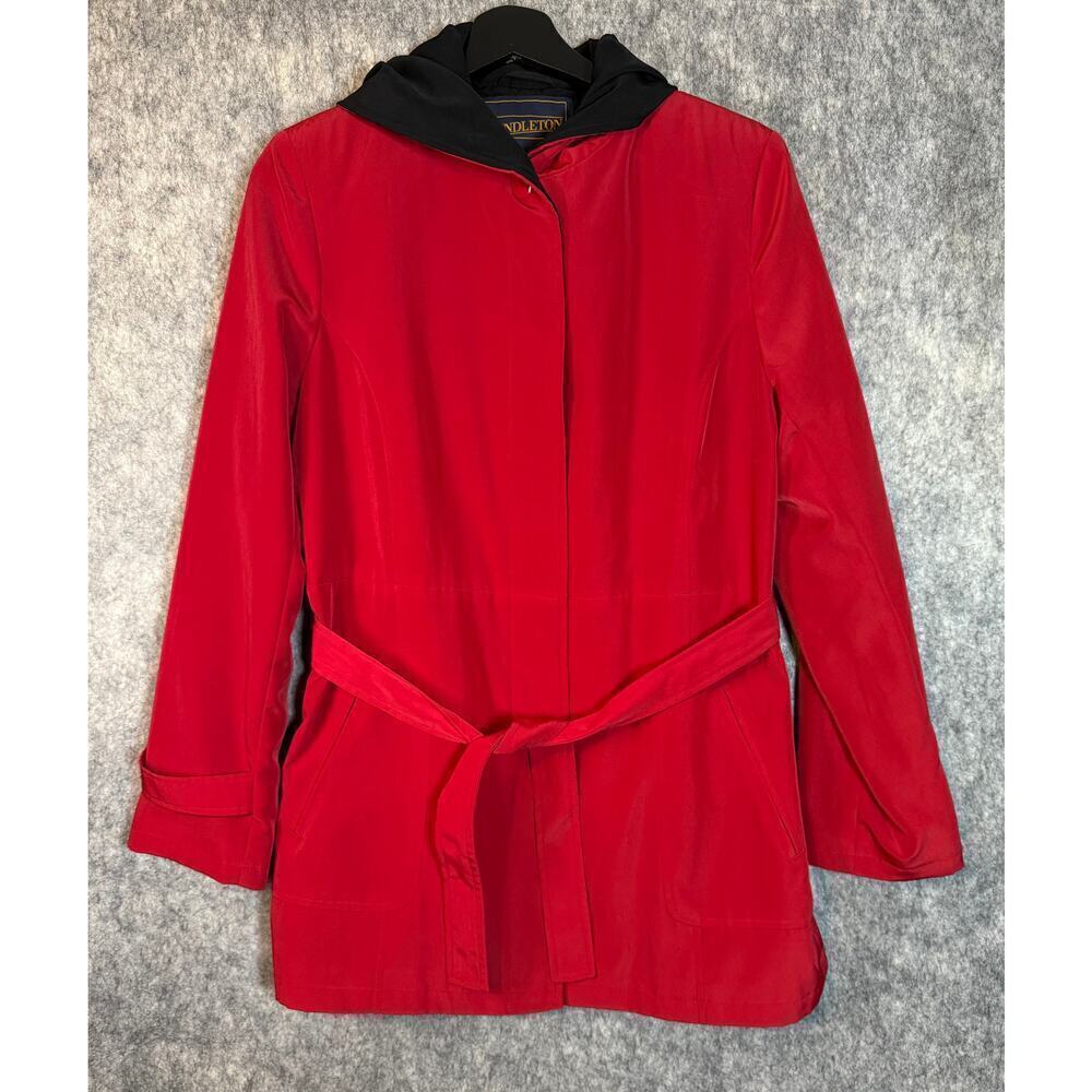 Pendleton Womens Polyester Red Belted Rain Jacket Small Hooded Waterproof EUC